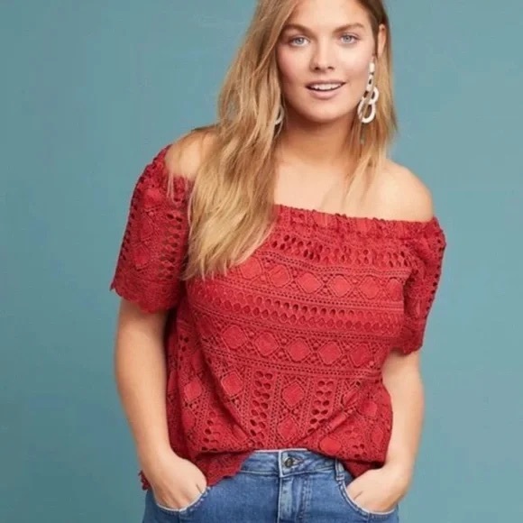 Anthropologie Tops - Anthropologie Sunday in Brooklyn Brick Red Lace Off-Shoulder Blouse